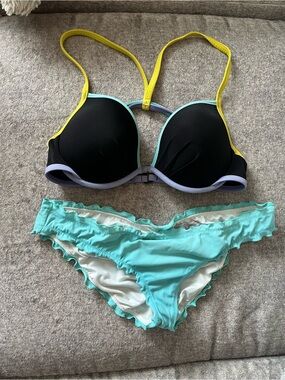 Victoria's Secret Black Bikini Top with Lavender, Aqua and Yellow Accents